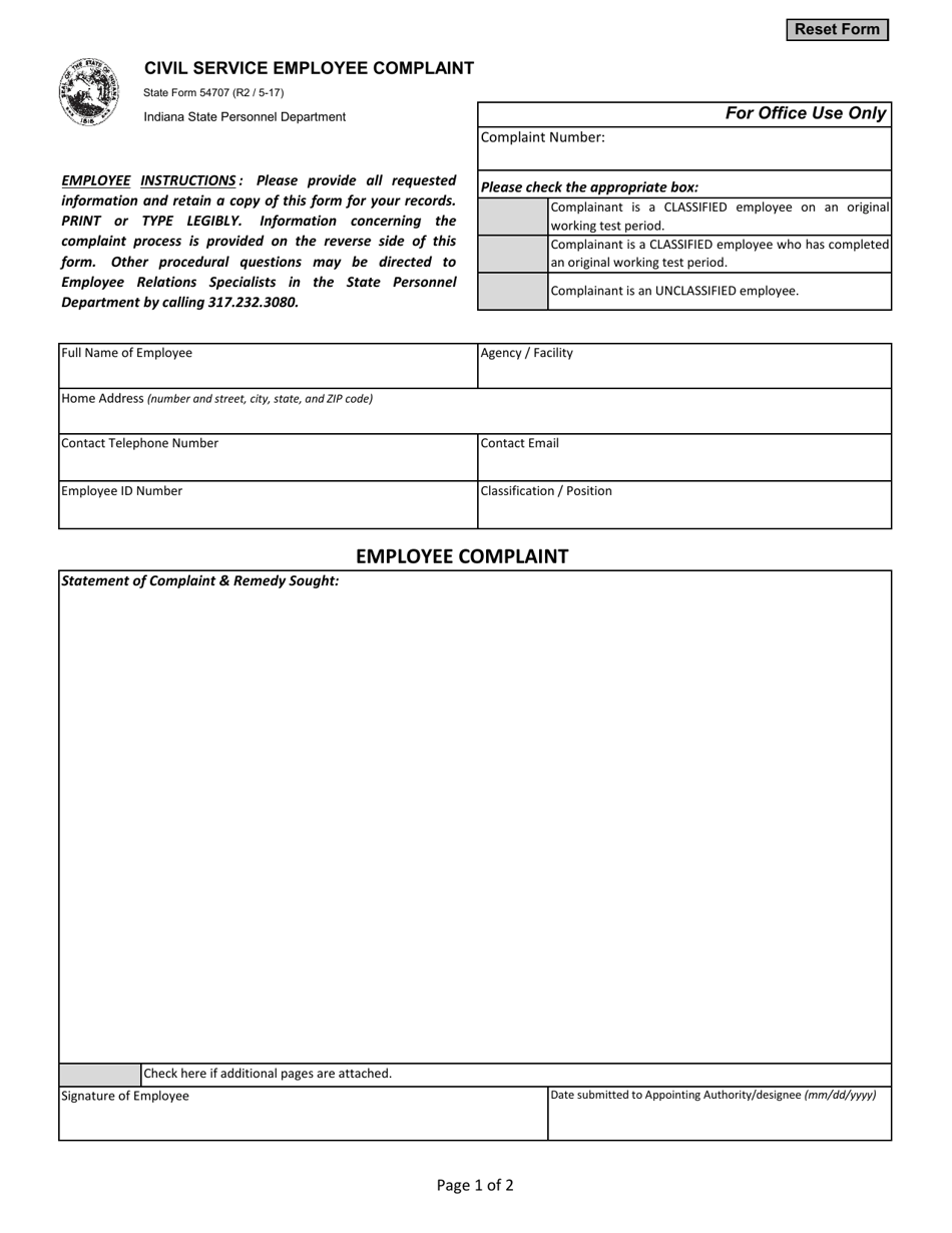 State Form 54707 Civil Service Employee Complaint - Indiana, Page 1