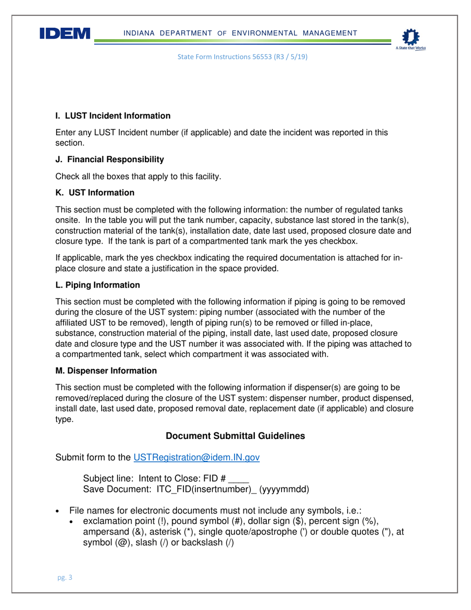 Instructions for State Form 56553 Thirty (30) Day Request for Underground Storage Tank Closure - Indiana, Page 3
