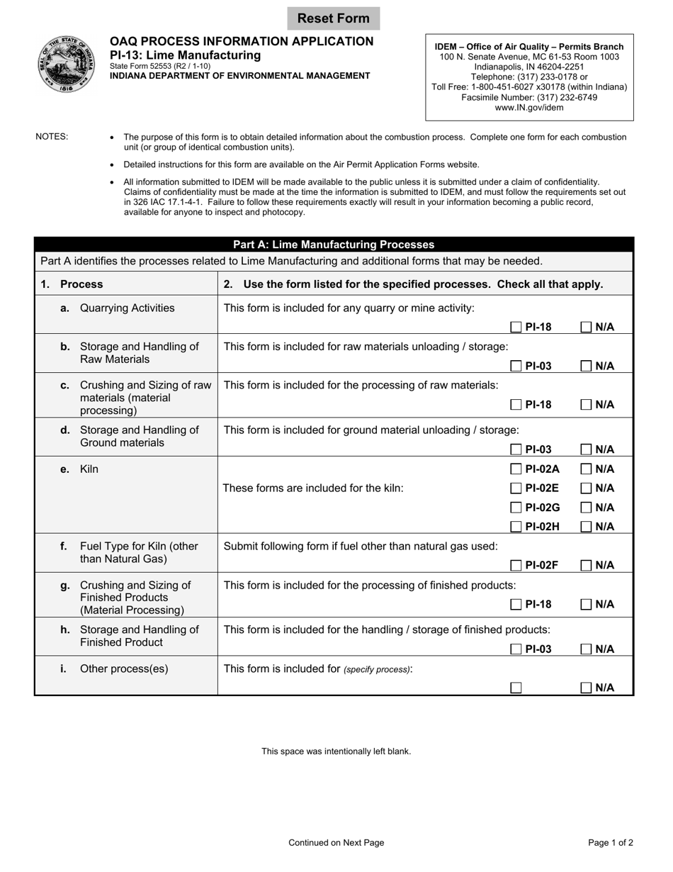 Form PI-13 (State Form 52553) Oaq Process Information Application - Lime Manufacturing - Indiana, Page 1