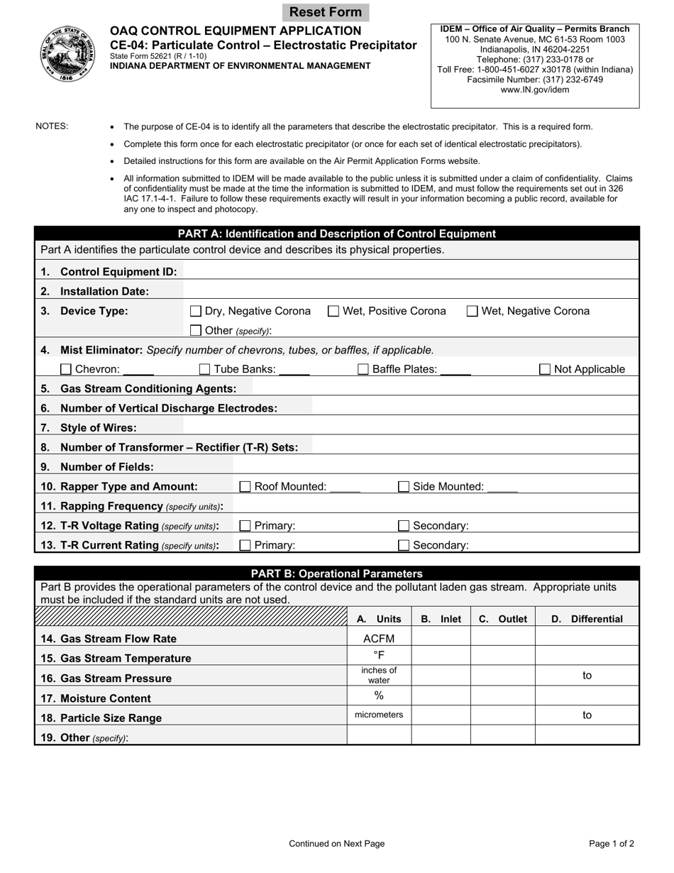 State Form 52621 Oaq Control Equipment Application Ce-04: Particulates Control - Electrostatic Precipitator - Indiana, Page 1