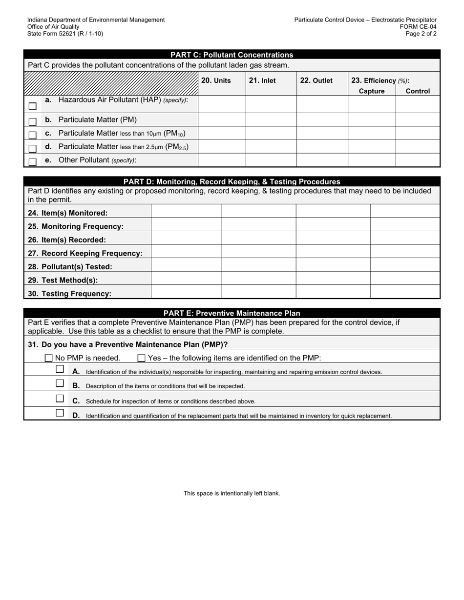 State Form 52621 Oaq Control Equipment Application Ce-04: Particulates Control - Electrostatic Precipitator - Indiana, Page 2