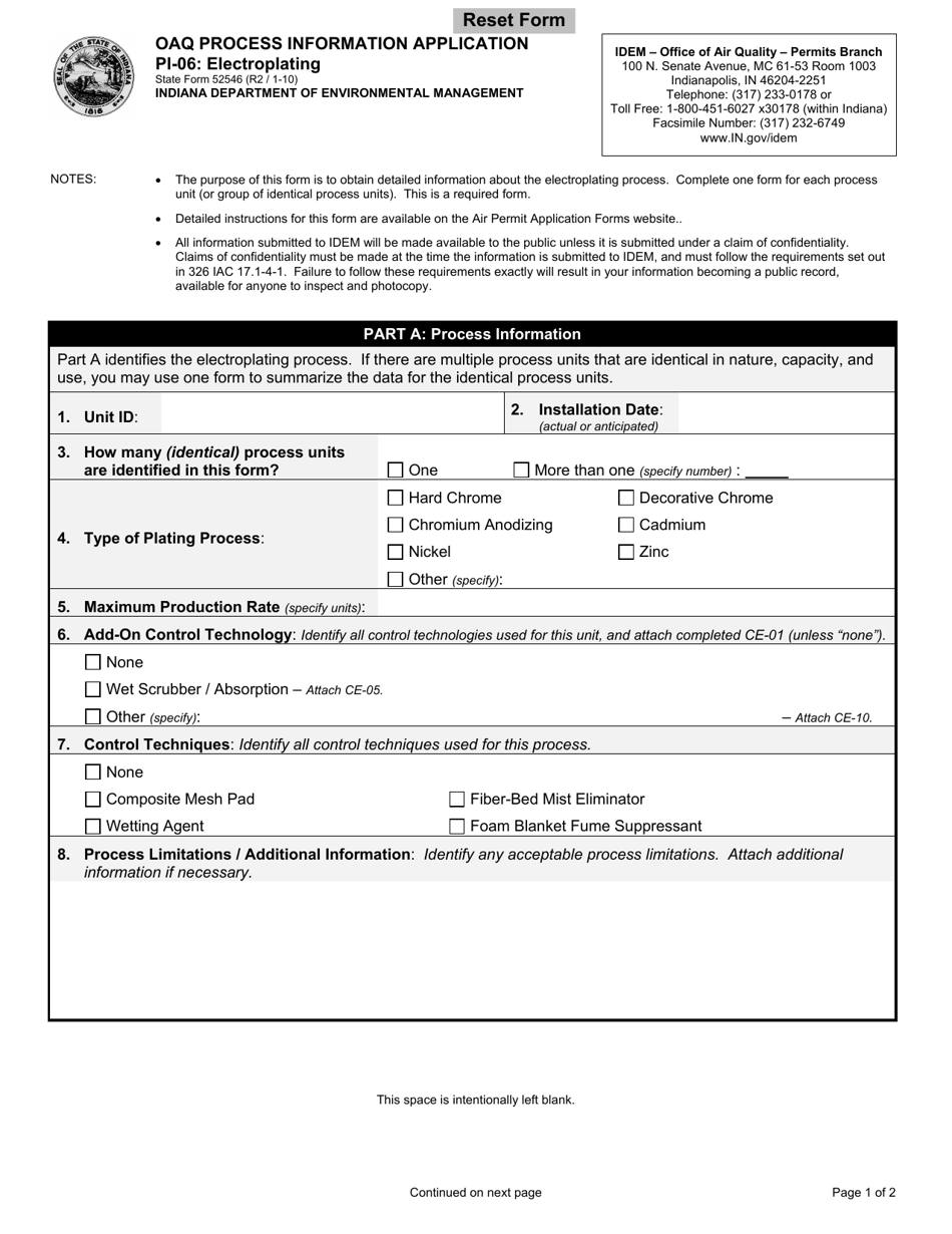 Form PI-06 (State Form 52546) Oaq Process Information Application - Electroplating - Indiana, Page 1