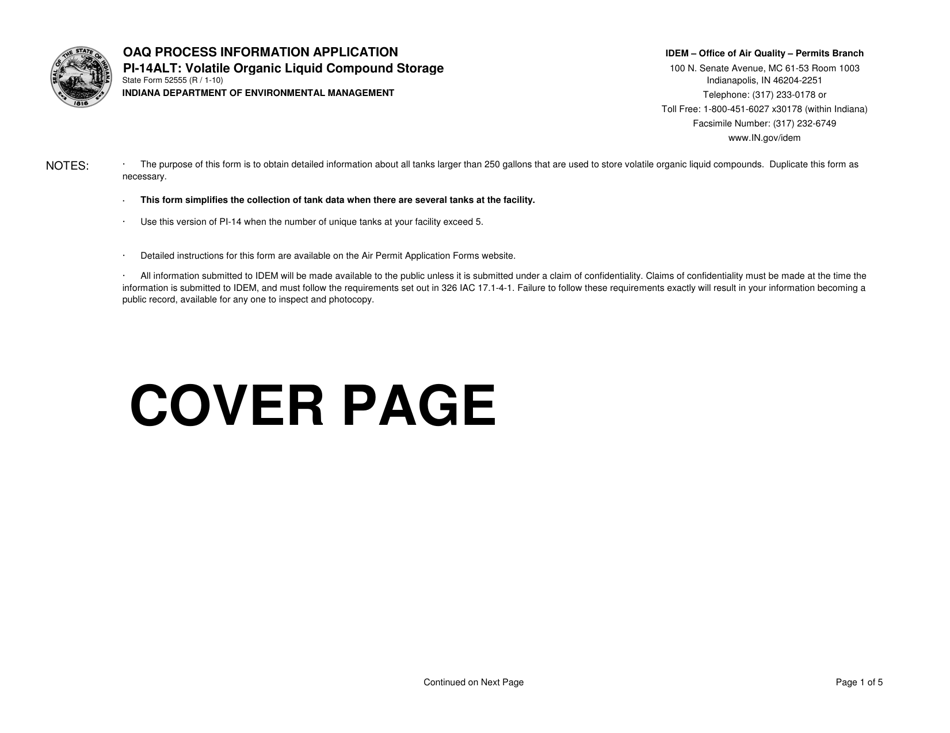 Form PI-14ALT (State Form 52555) Oaq Process Information Application - Volatile Organic Liquid Compound Storage - Indiana, Page 1