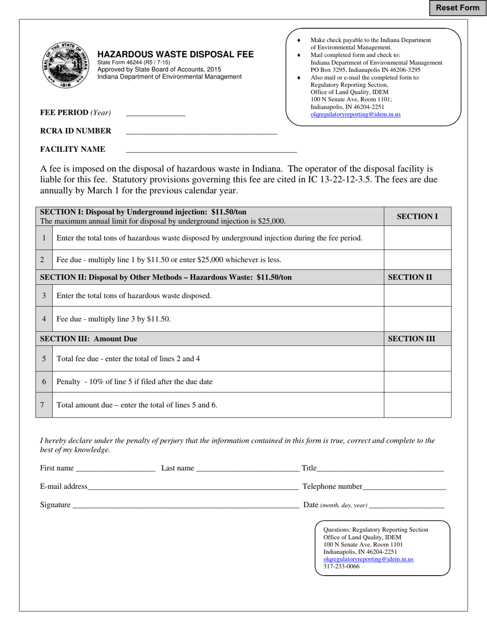 State Form 46244 Hazardous Waste Disposal Fee - Indiana, Page 1