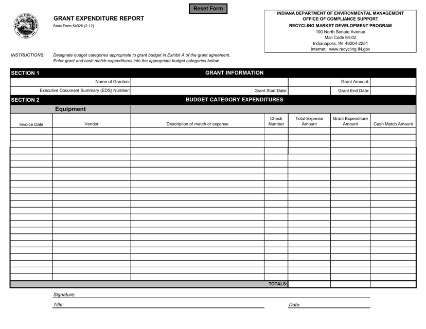 Form 54926 Grant Expenditure Report - Indiana