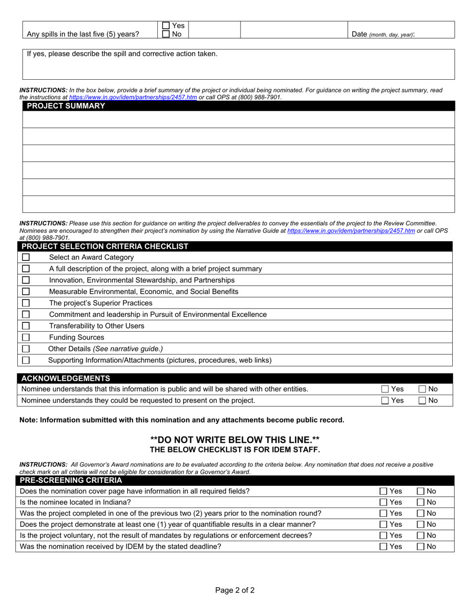 State Form 51656 Nomination Cover Page for Governors Award for Environmental Excellence - Indiana, Page 2