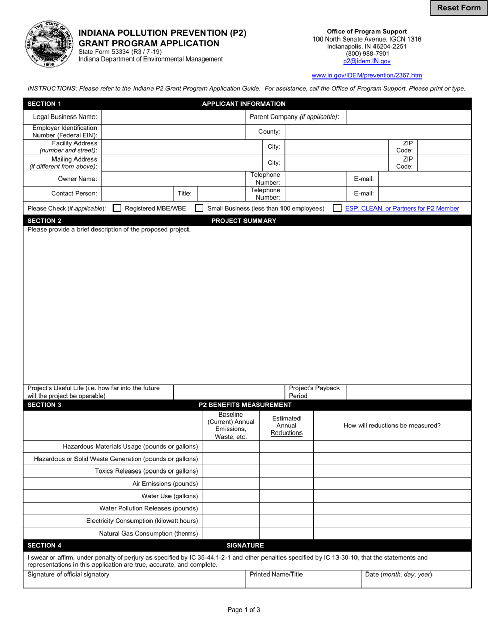 State Form 53334 Indiana Pollution Prevention (P2) Grant Program Application - Indiana, Page 1