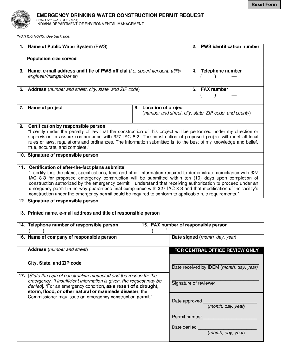 State Form 54188 Emergency Drinking Water Construction Permit Request - Indiana, Page 1
