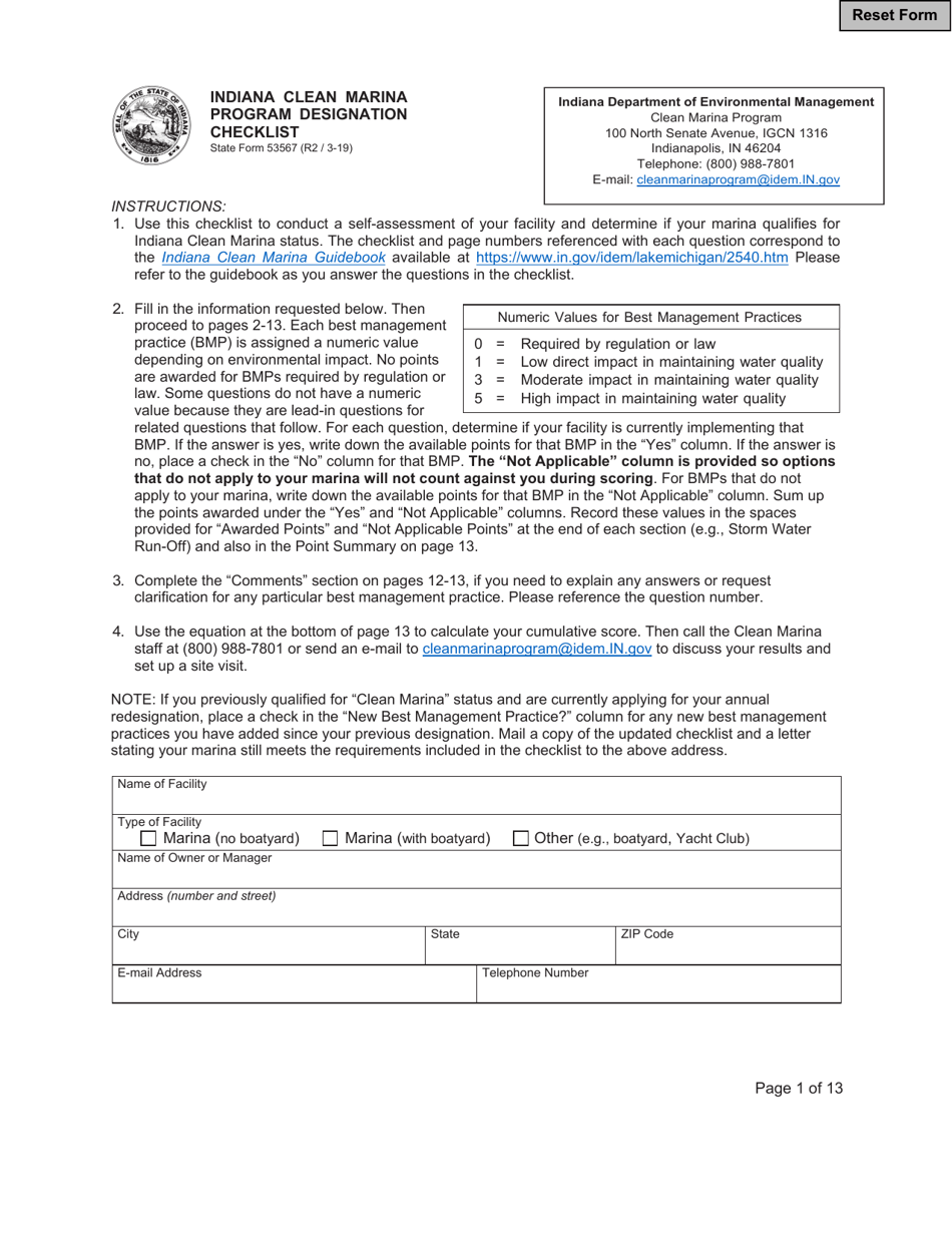State Form 53567 Indiana Clean Marina Program Designation Checklist - Indiana, Page 1