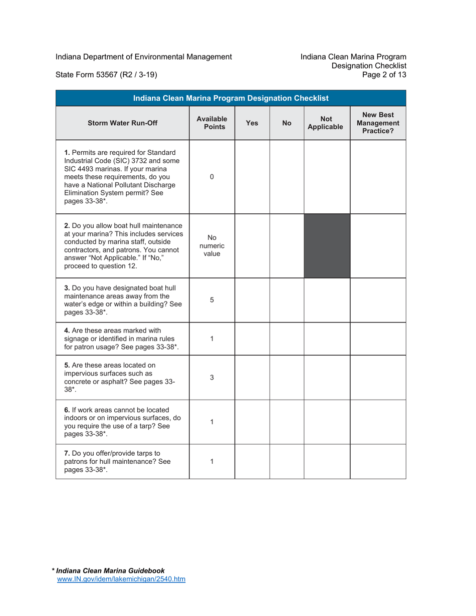 State Form 53567 Indiana Clean Marina Program Designation Checklist - Indiana, Page 2