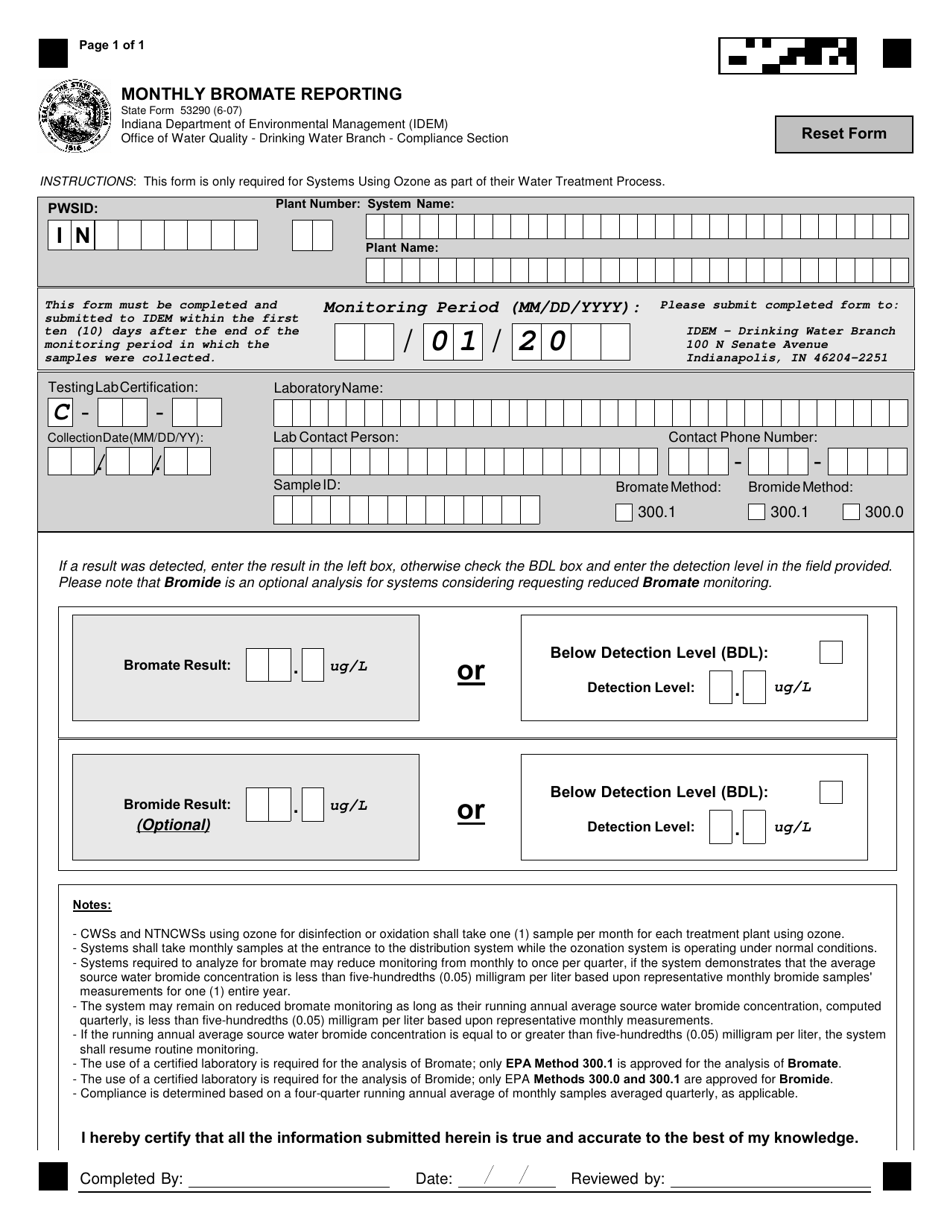 State Form 53290 Monthly Bromate Reporting - Indiana, Page 1