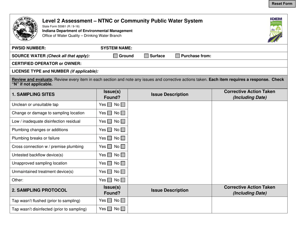 State Form 55981 Level 2 Assessment - Ntnc or Community Public Water System - Indiana, Page 1