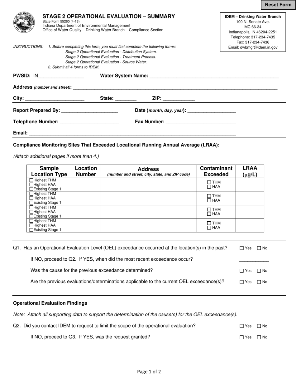 State Form 55260 Stage 2 Operational Evaluation - Summary - Indiana, Page 1