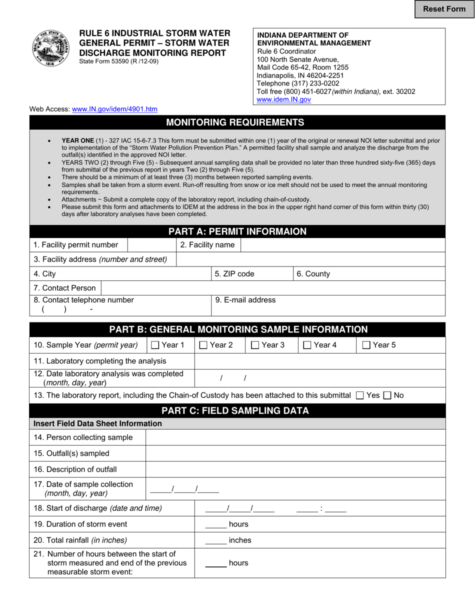 State Form 53590 Rule 6 Industrial Storm Water General Permit - Storm Water Discharge Monitoring Report - Indiana, Page 1