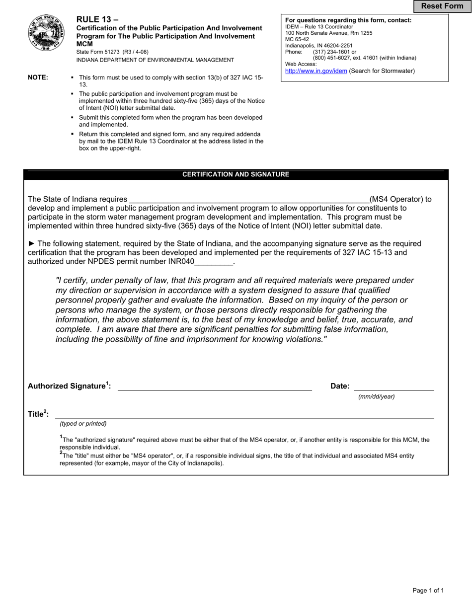 State Form 51273 Rule 13 - Certification of the Public Participation and Involvement Program for the Public Participation and Involvement Mcm - Indiana, Page 1