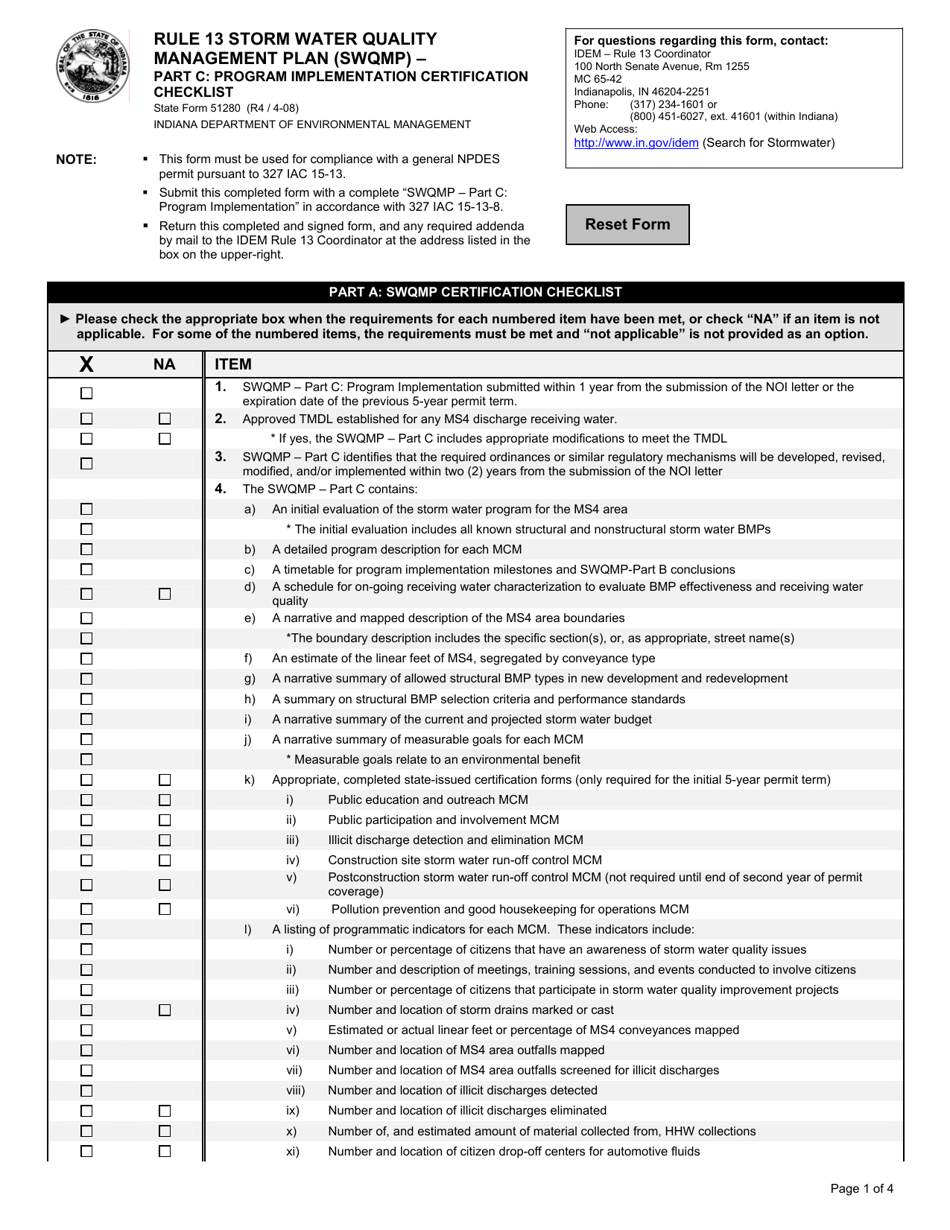 State Form 51280 Part C Rule 13 Storm Water Quality Management Plan (Swqmp) - Program Implementation Certification Checklist - Indiana, Page 1
