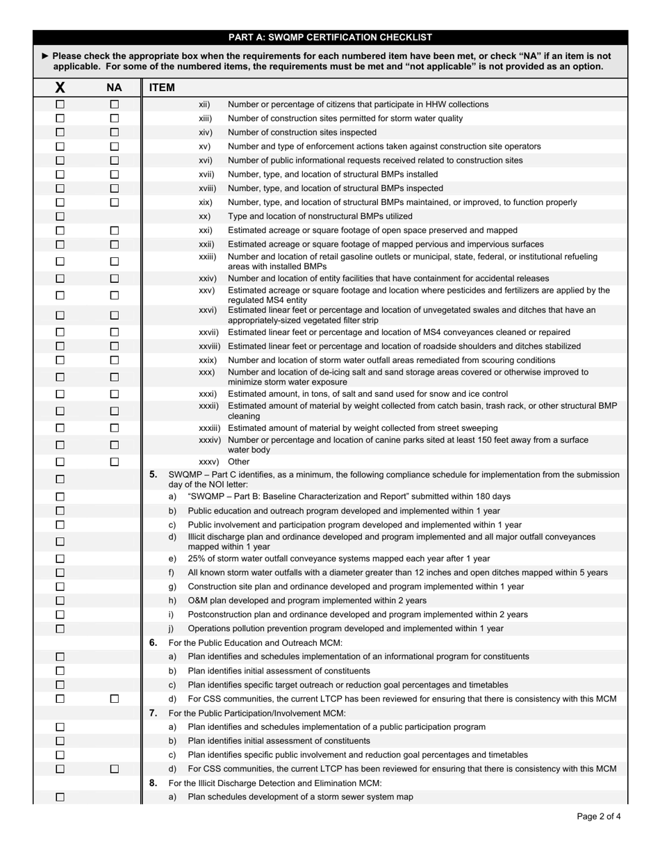 State Form 51280 Part C Rule 13 Storm Water Quality Management Plan (Swqmp) - Program Implementation Certification Checklist - Indiana, Page 2