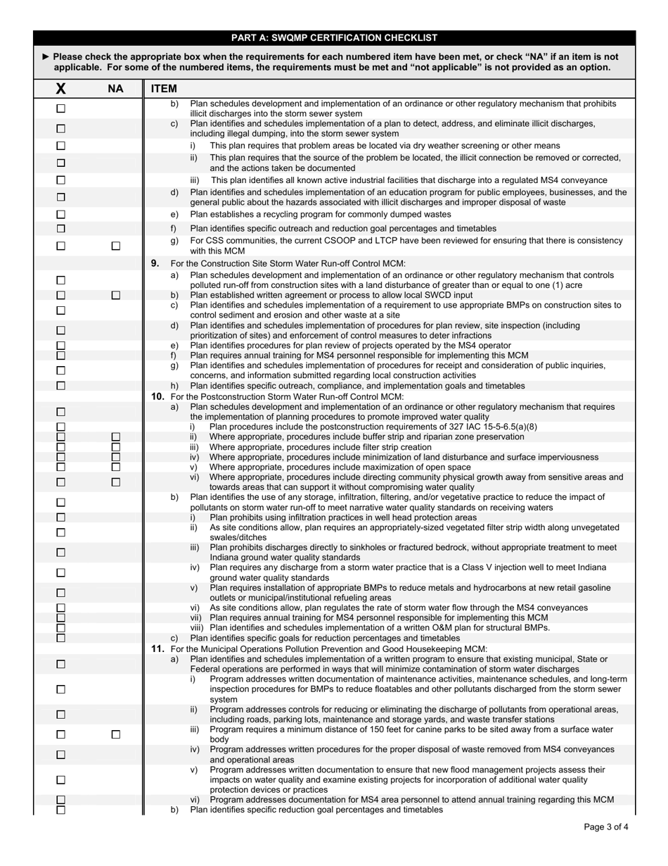 State Form 51280 Part C Rule 13 Storm Water Quality Management Plan (Swqmp) - Program Implementation Certification Checklist - Indiana, Page 3