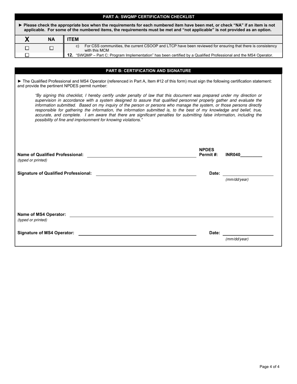 State Form 51280 Part C Rule 13 Storm Water Quality Management Plan (Swqmp) - Program Implementation Certification Checklist - Indiana, Page 4