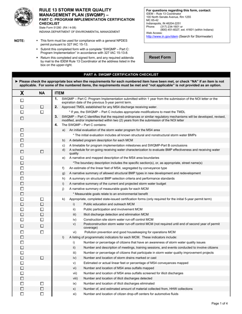State Form 51280 Part C Rule 13 Storm Water Quality Management Plan (Swqmp) - Program Implementation Certification Checklist - Indiana