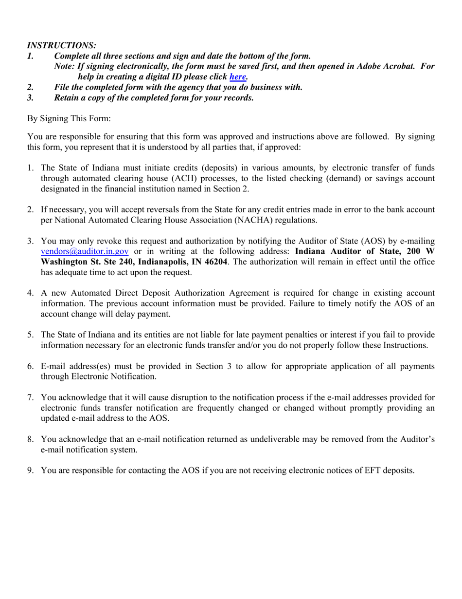 State Form 47551 Automated Direct Deposit Authorization Agreement - Indiana, Page 2