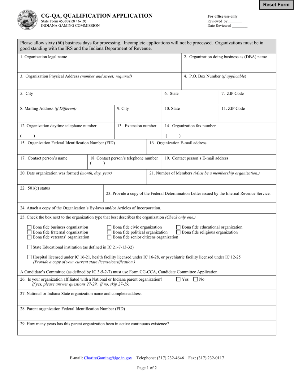 Form CG-QA (State Form 45380) Qualification Application - Indiana, Page 1