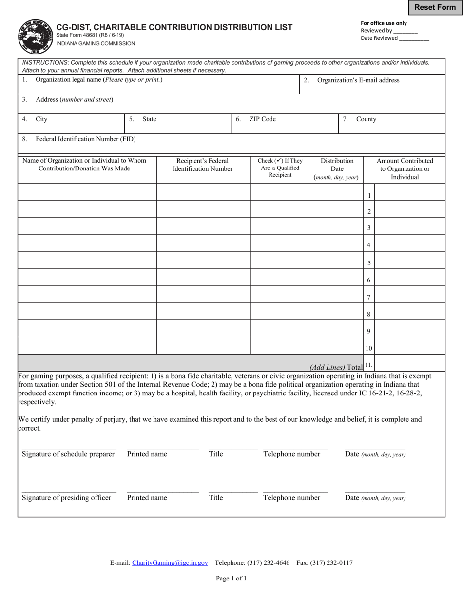 Form CG-DIST (State Form 48681) Charitable Contribution Distribution List - Indiana, Page 1
