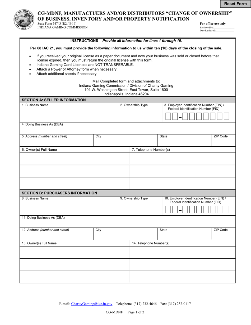 Form CG-MDNF (State Form 54743) Manufactuers and / or Distributors change of Ownership of Business, Inventory and / or Property Notification - Indiana, Page 1