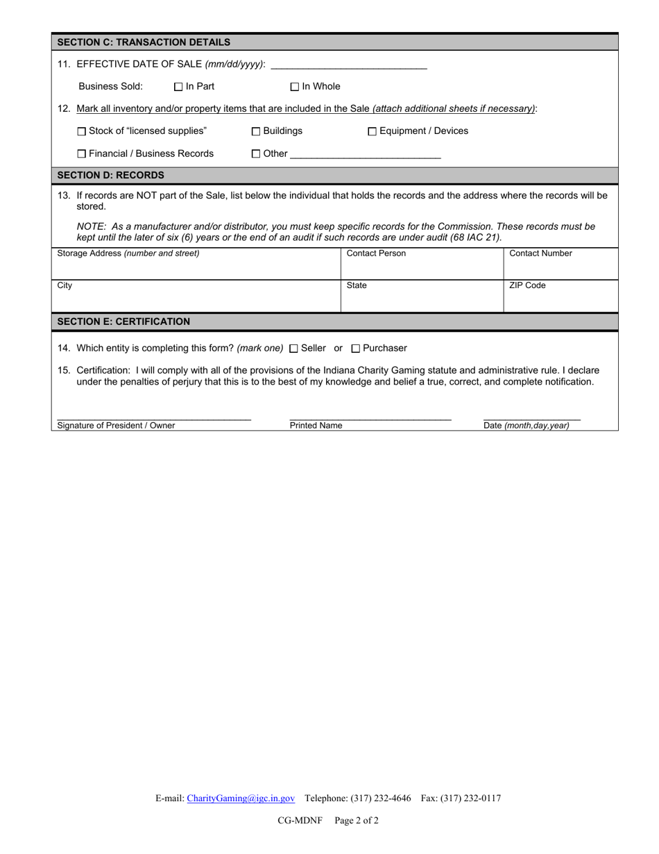 Form CG-MDNF (State Form 54743) Manufactuers and / or Distributors change of Ownership of Business, Inventory and / or Property Notification - Indiana, Page 2