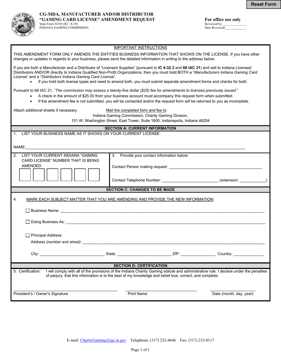Form CG-MDA (State Form 54745) Manufacturer and / or Distributor gaming Card License Amendment Request - Indiana, Page 1