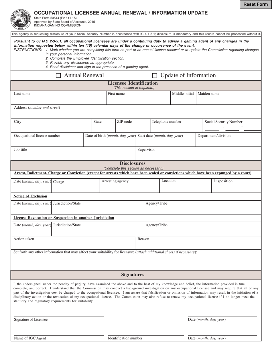 State Form 53544 Occupational Licensee Annual Renewal / Information Update - Indiana, Page 1
