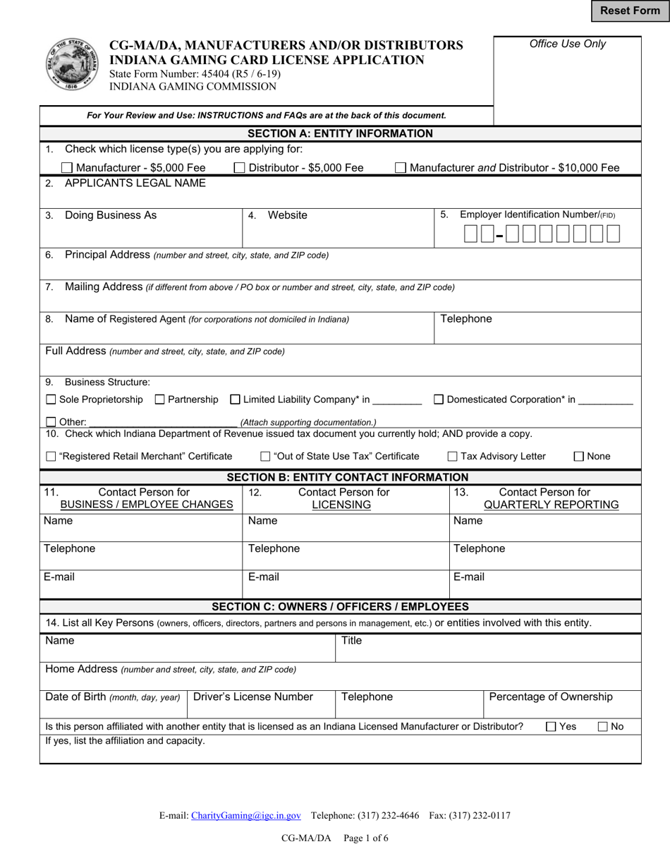 Form CG-MA / DA (State Form 45404) Manufacturers and / or Distributors Indiana Gaming Card License Application - Indiana, Page 1