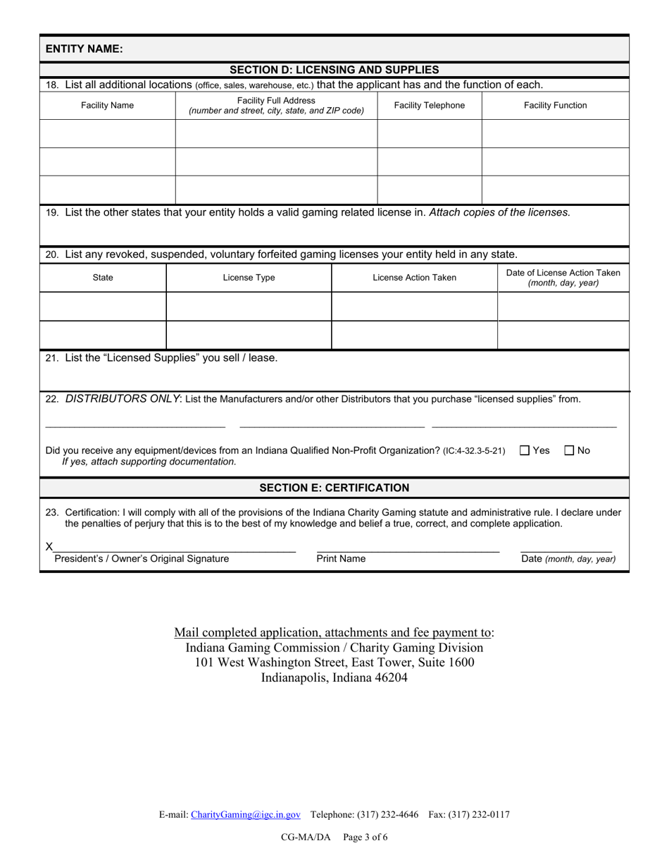 Form CG-MA / DA (State Form 45404) Manufacturers and / or Distributors Indiana Gaming Card License Application - Indiana, Page 3