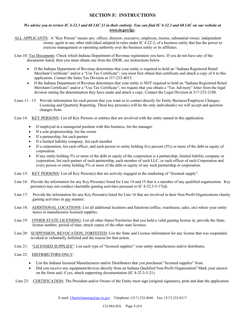 Form CG-MA / DA (State Form 45404) Manufacturers and / or Distributors Indiana Gaming Card License Application - Indiana, Page 4