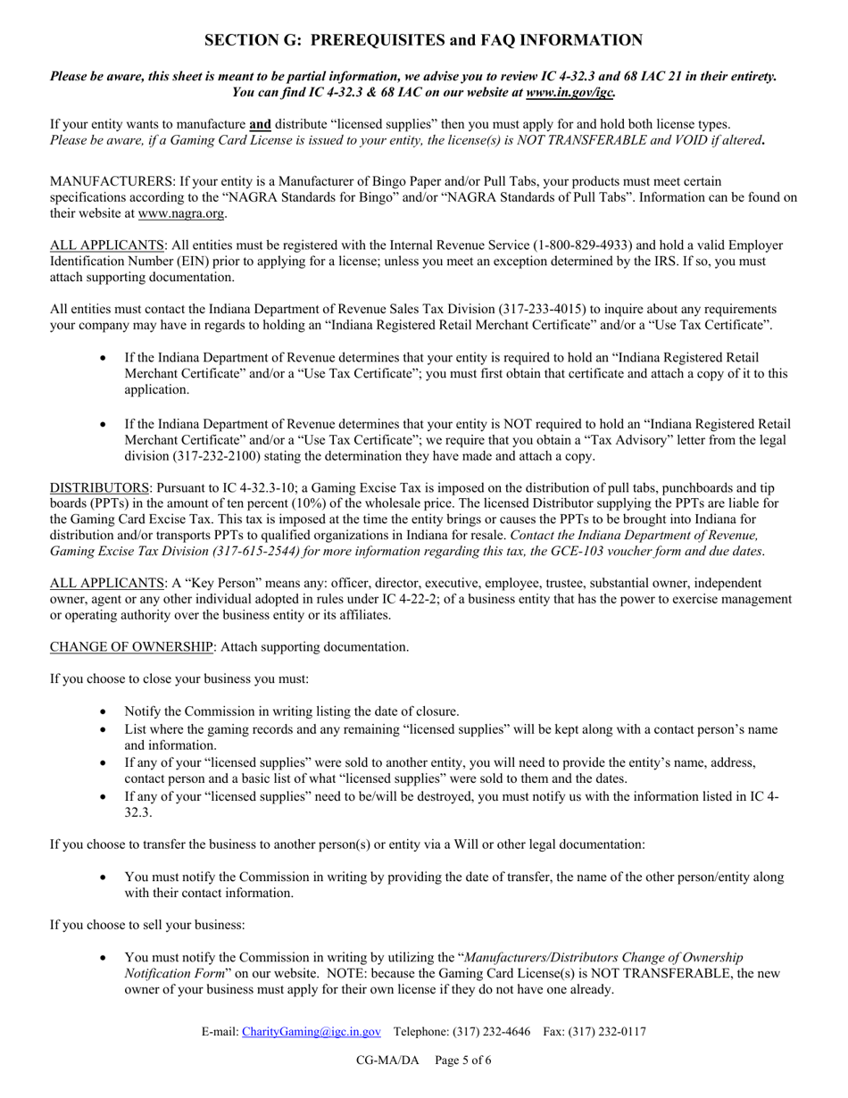 Form CG-MA / DA (State Form 45404) Manufacturers and / or Distributors Indiana Gaming Card License Application - Indiana, Page 5
