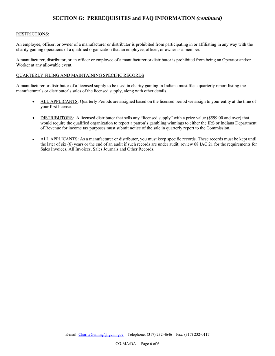 Form CG-MA / DA (State Form 45404) Manufacturers and / or Distributors Indiana Gaming Card License Application - Indiana, Page 6