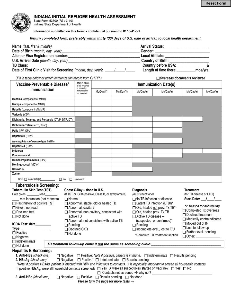 State Form 53700 Indiana Initial Refugee Health Assessment - Indiana, Page 1