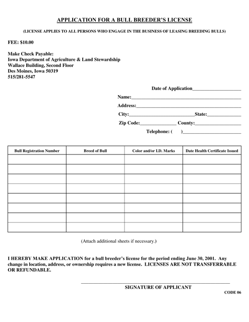 Application for a Bull Breeder's License - Iowa Download Pdf
