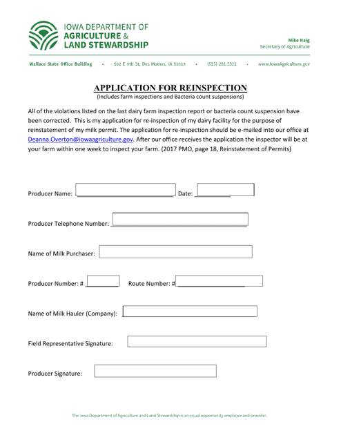 Application for Reinspection - Iowa Download Pdf