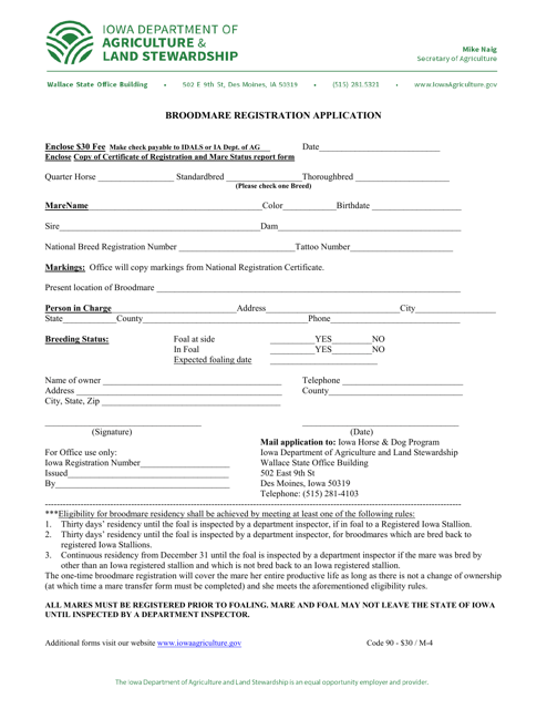 Form M-4 Broodmare Registration Application - Iowa