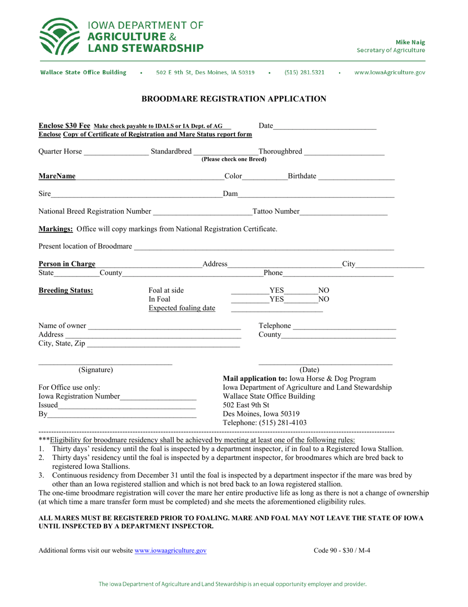 Form M-4 Broodmare Registration Application - Iowa, Page 1