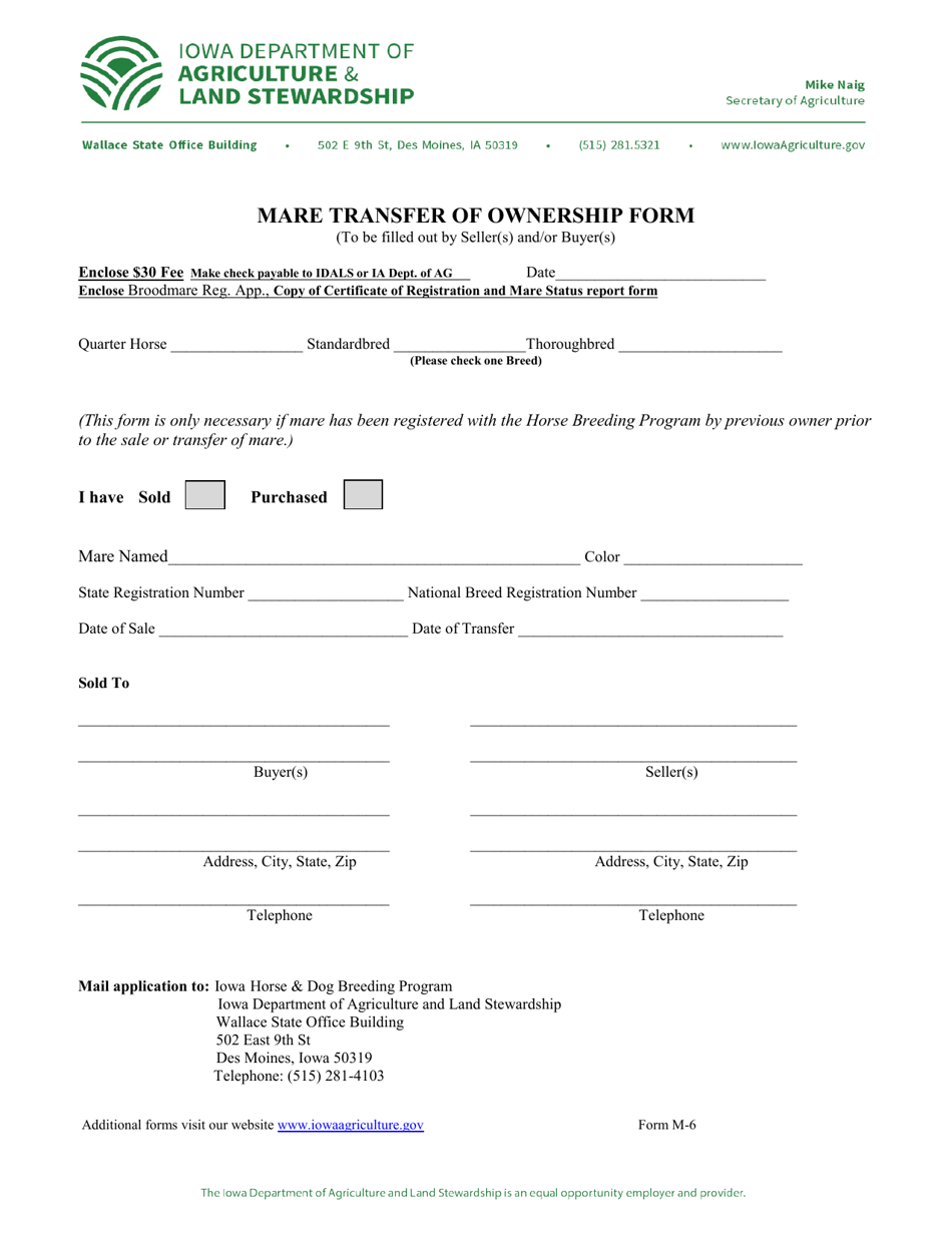 Form M-6 Mare Transfer of Ownership Form - Iowa, Page 1
