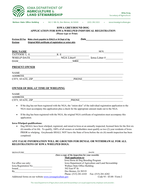 Form 2 Iowa Greyhound Dog Application for Iowa-Whelped Individual Registration - Iowa
