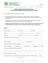 Document preview: Application to Operate in Iowa as: a Greyhound Commercial Breeder Farm License - Iowa