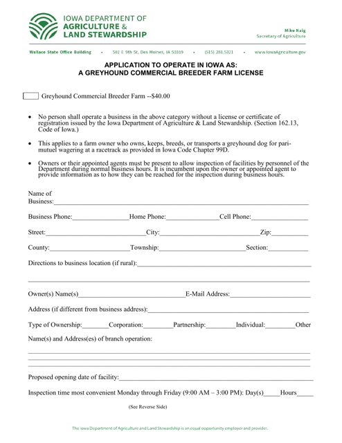 Application to Operate in Iowa as: a Greyhound Commercial Breeder Farm License - Iowa Download Pdf