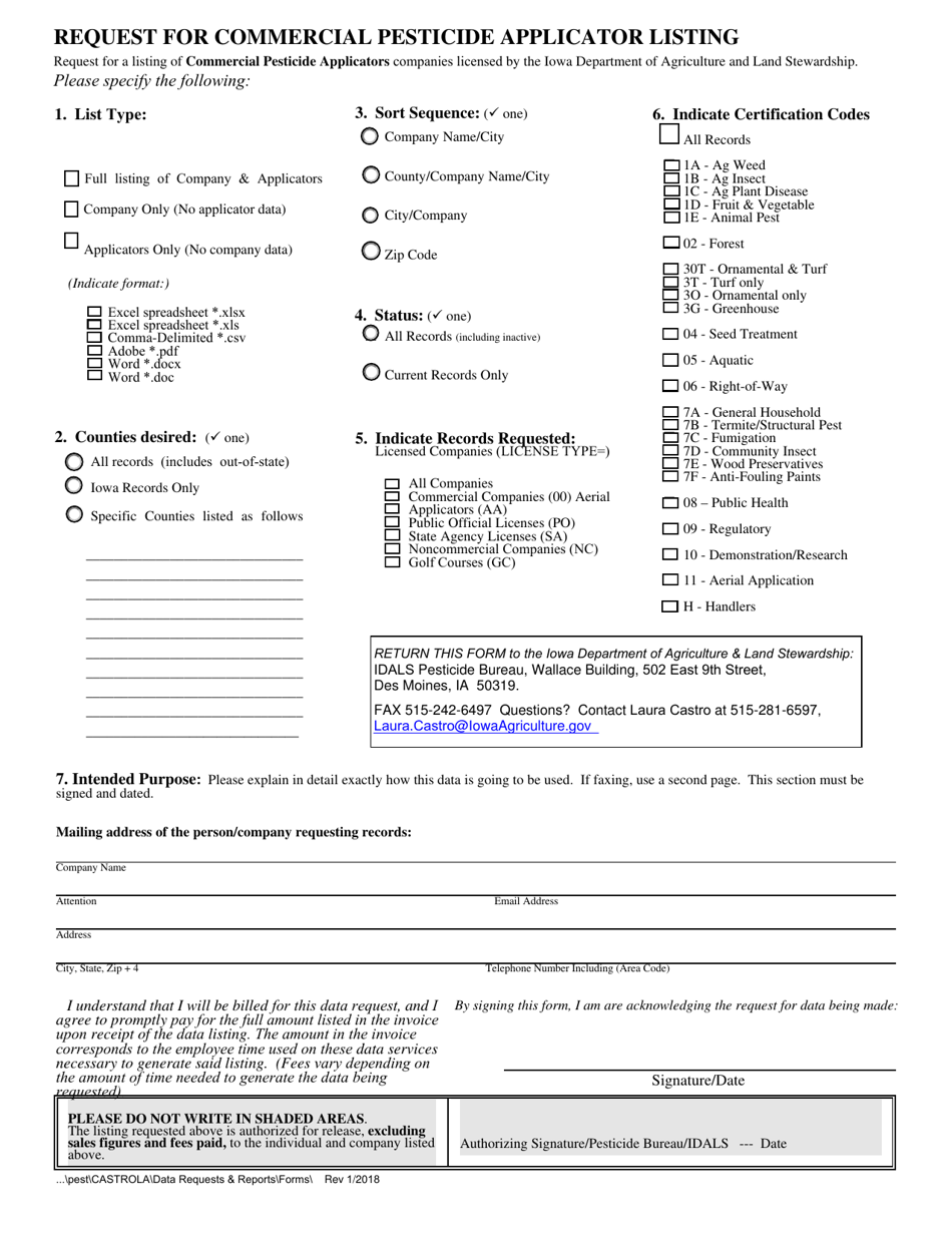 Request for Commercial Pesticide Applicator Listing - Iowa, Page 1