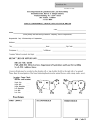 Application for Recording of Livestock Brand - Iowa