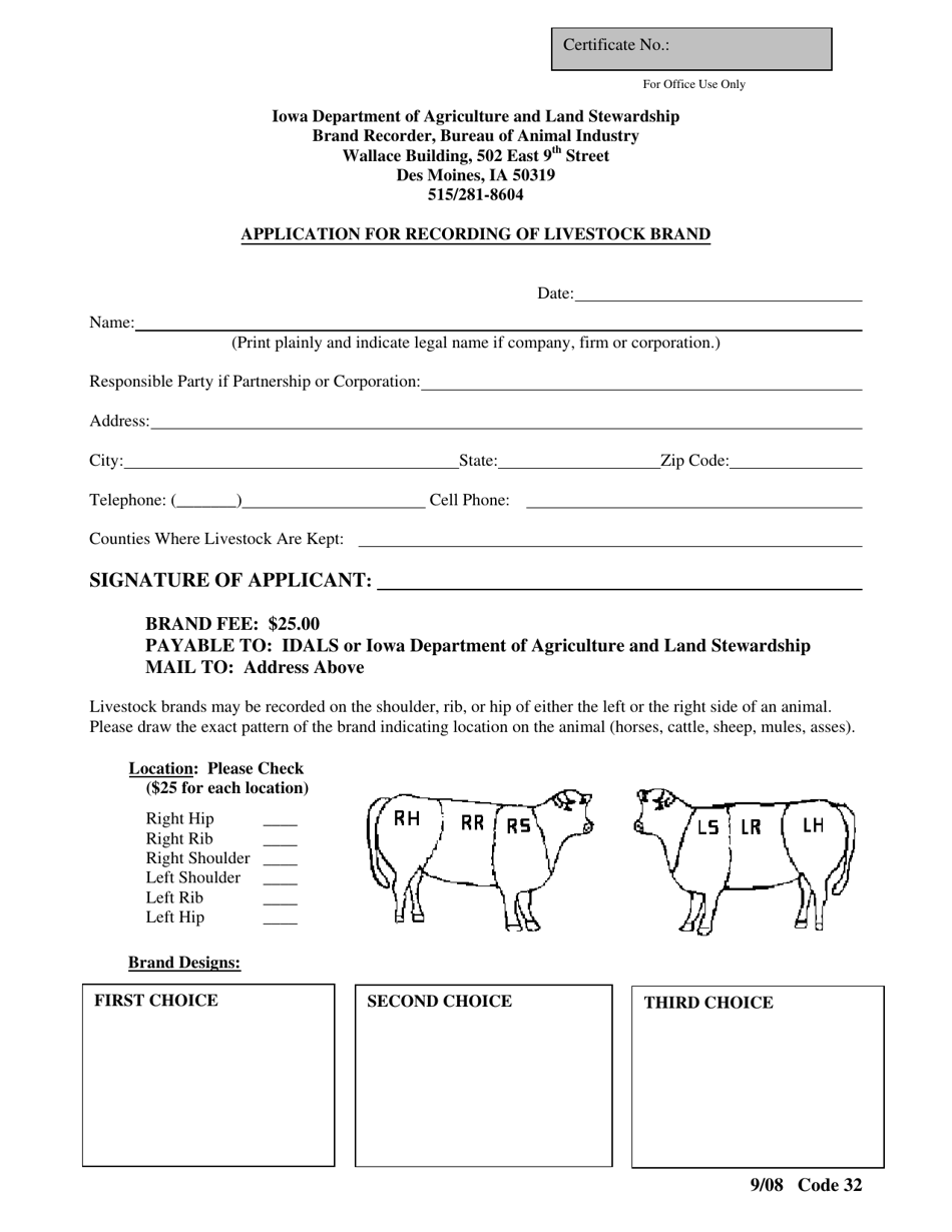 Application for Recording of Livestock Brand - Iowa, Page 1