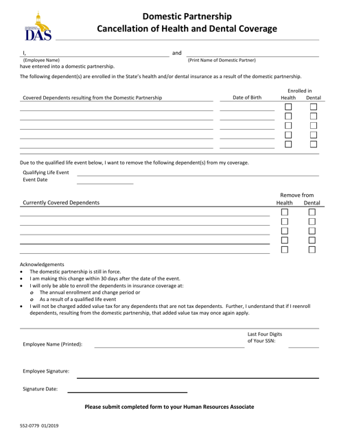 Form 552-0779 Domestic Partnership Cancellation of Health and Dental Coverage - Iowa