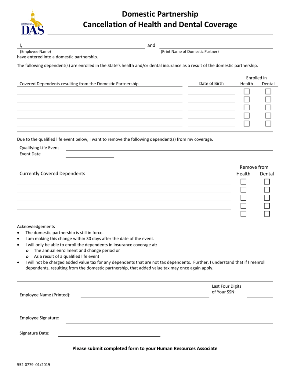 Form 552-0779 Domestic Partnership Cancellation of Health and Dental Coverage - Iowa, Page 1